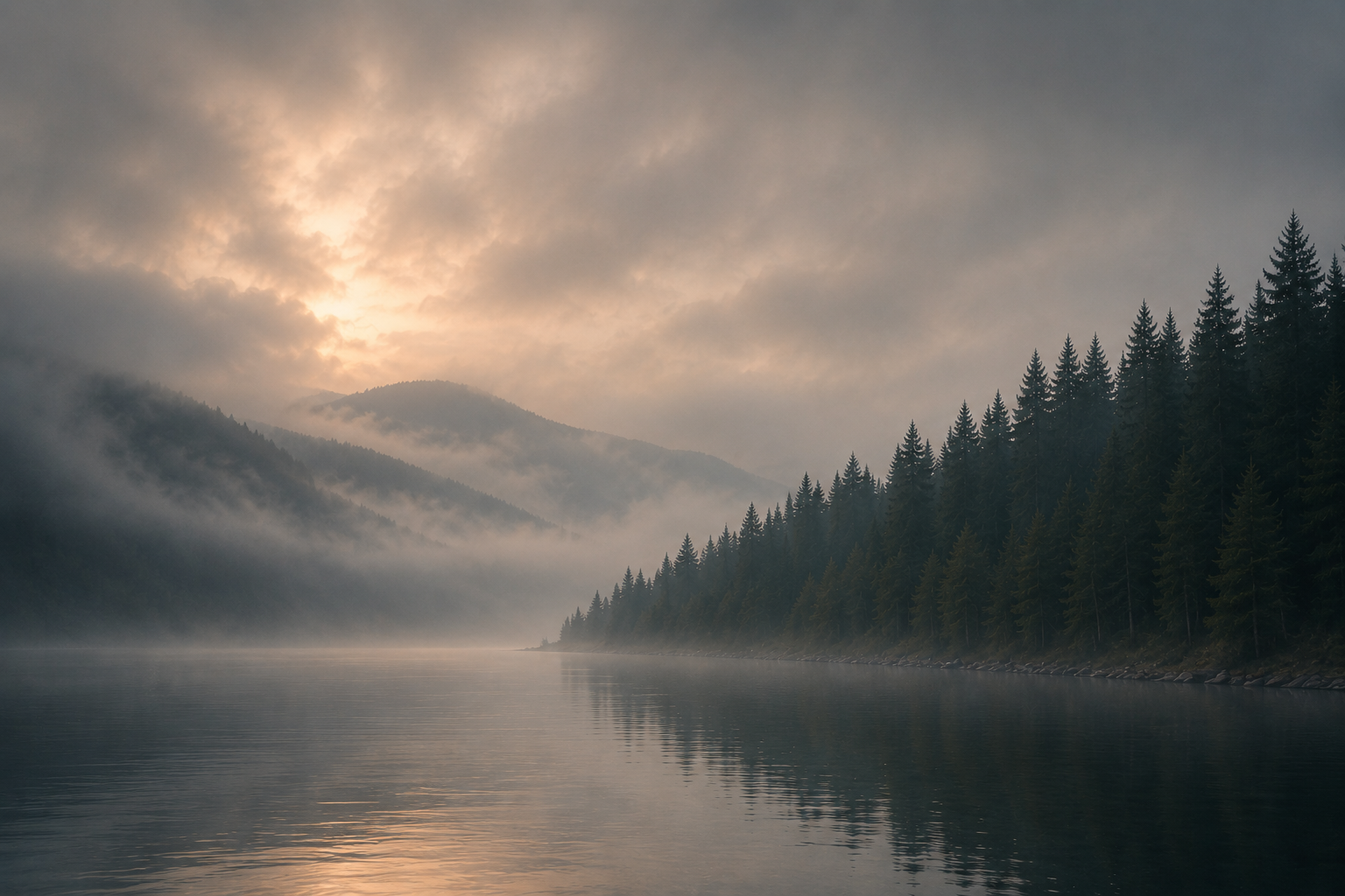A misty river at dawn